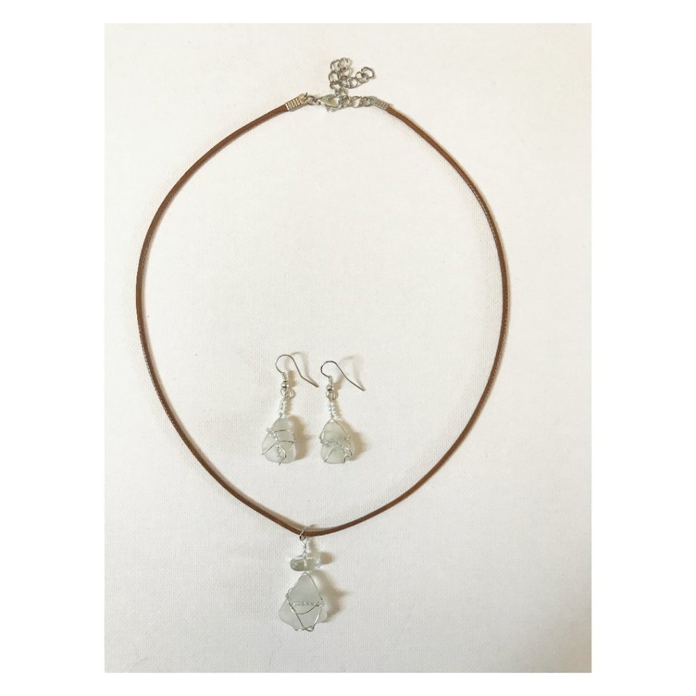 Light Blue Sea Glass Necklace & Earring Set Boho Ocean Mermaid Boho Beach Summer